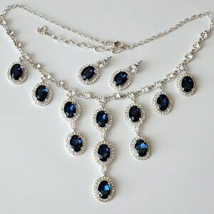 Bella Jack Statement Necklace Earrings Set Blue Faceted Glass Clear Rhinestones